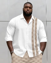 Big & Tall Men's Business Khaki Geometric Stripe Print Long Sleeve Shirt Shorts Set